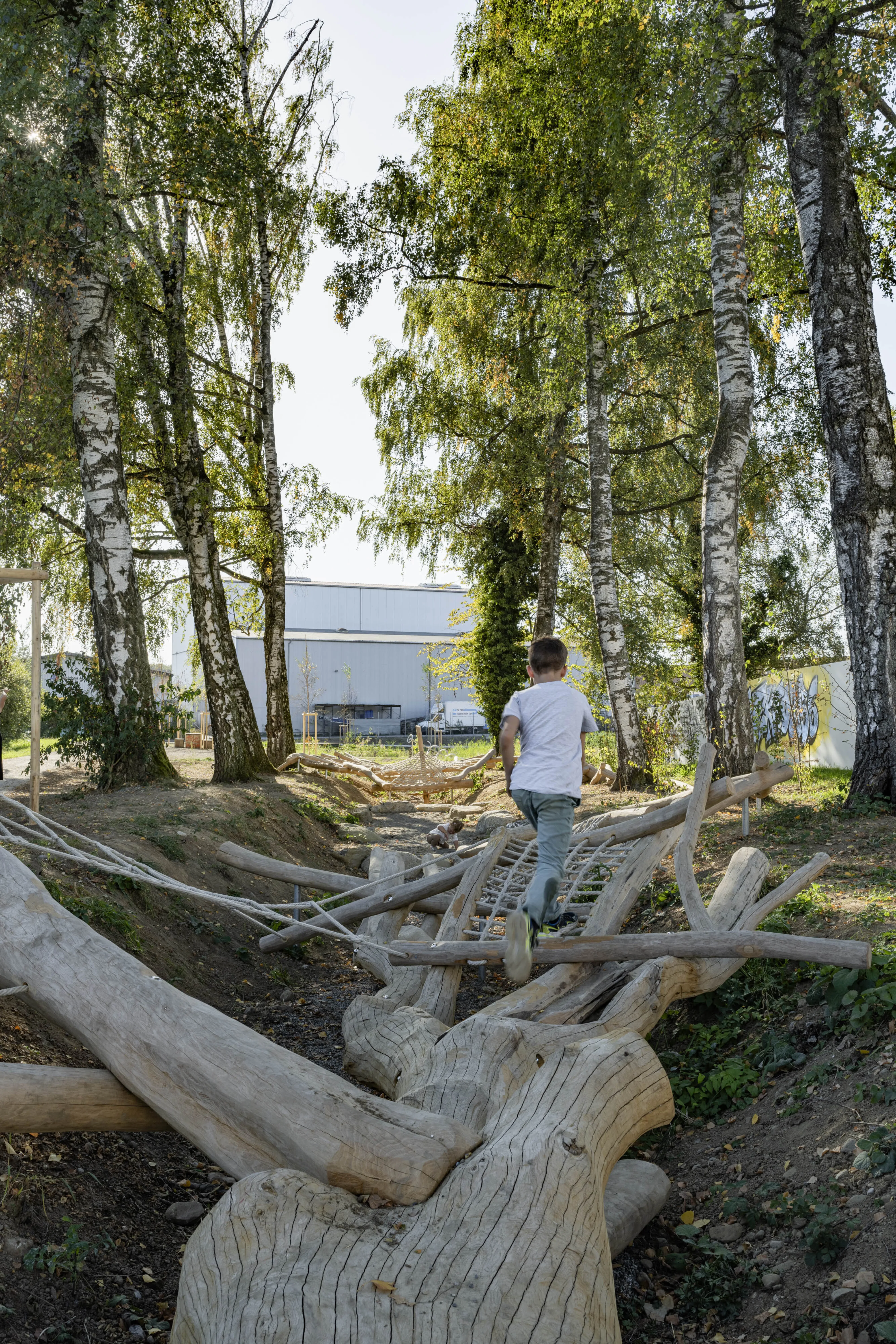 Das Bild zeigt einen Jungen, der auf einem natürlichen Klettergerüst aus grossen, ineinander verschlungenen Holzstämmen spielt. Die Szenerie befindet sich in einem bewaldeten Bereich mit Birken, deren Blätter teilweise das Sonnenlicht durchlassen. Im Hintergrund ist ein grosses, industrielles Gebäude zu sehen, was auf eine urbane Umgebung hinweist. Das Klettergerüst ist als naturnahe Spielstruktur gut in die Landschaft integriert, und bietet Kindern einen Ort zum Balancieren und Erkunden.