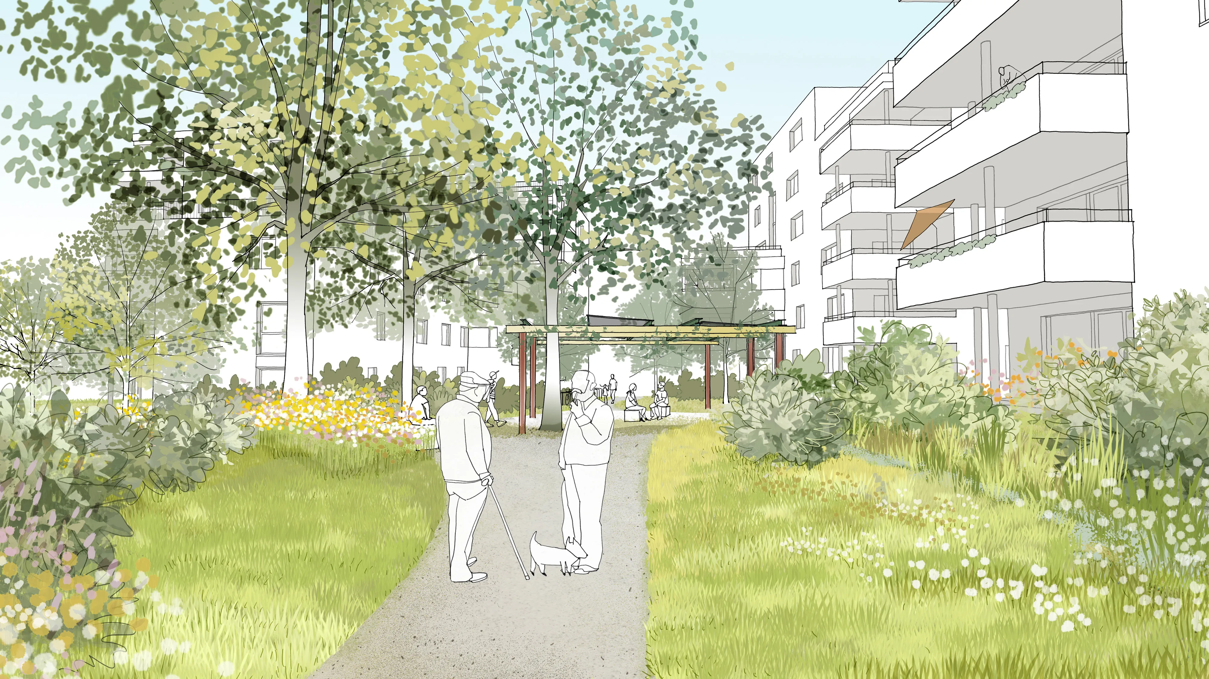 Illustration eines begrünten Wohnhofs mit Bäumen, Blumenwiesen und einem schattenspendenden Pavillon. Menschen gehen auf einem Weg durch den Hof, während andere auf Bänken unter dem Pavillon sitzen. Im Vordergrund stehen zwei Personen im Gespräch, eine Person führt einen Hund an der Leine. Die Gebäude im Hintergrund haben Balkone mit Blick auf die Grünflächen.