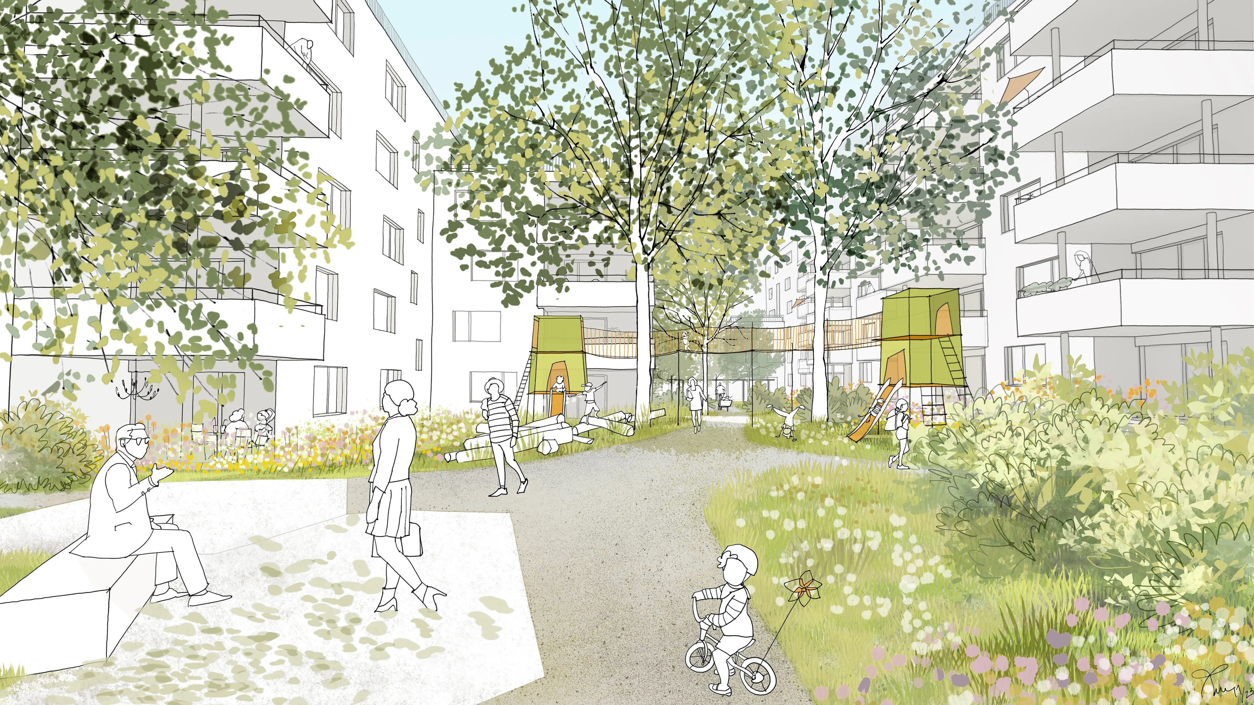 Illustration eines begrünten Innenhofs einer Wohnsiedlung mit Bäumen, Blumenwiesen und einem Spielplatz, umgeben von mehrstöckigen Wohngebäuden mit Balkonen. Menschen unterschiedlichen Alters nutzen den Raum zum Spazieren, Spielen und Entspannen. Ein Kind fährt Fahrrad, während andere auf Bänken sitzen oder in Gruppen interagieren. Im Hintergrund sind Spielgeräte sowie eine erhöhte Plattform zu sehen, die mit einem Netz verbunden ist.